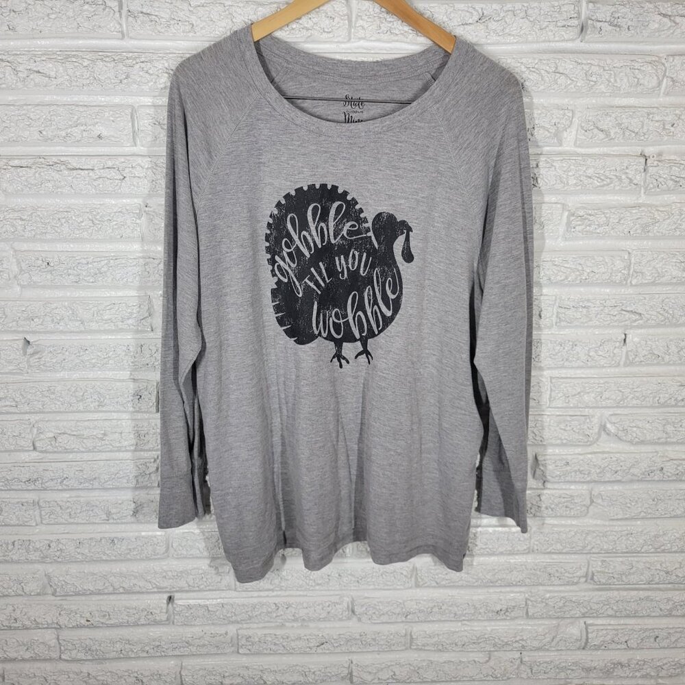 Thanksgiving Womens Top Extra Large XL Long‎ Sleeve Gray Turkey Gobble GRA54E